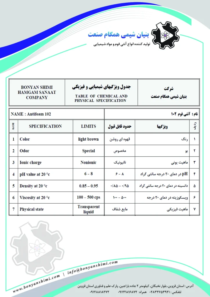 دیتا شیت آنتی فوم کد 102